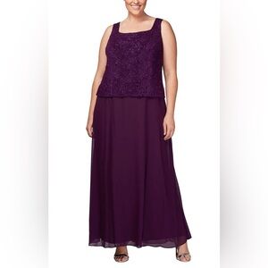 New Alex Evenings Purple Lace Overlay Gown Maxi Dress MOTB Plus Size 16W